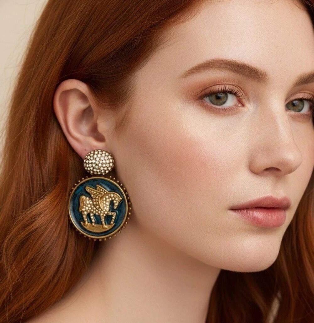Museum Pegasus Earrings French VTG Baroque Court Palace Antique Gold CZ Retro